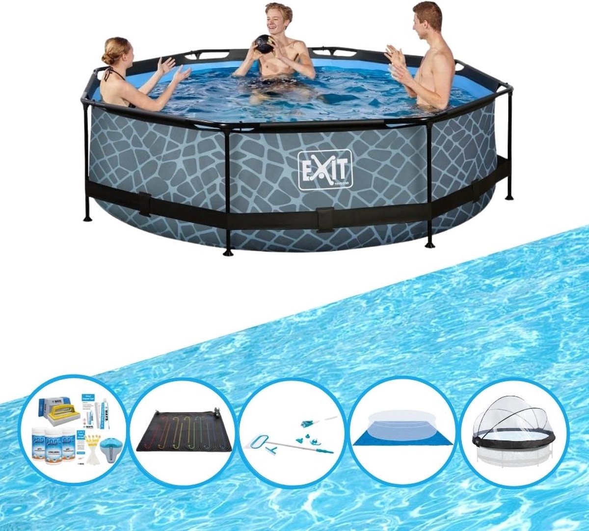 EXIT Zwembad Stone Grey - ø300x76 cm - Frame Pool - Inclusief bijbehorende accessoires