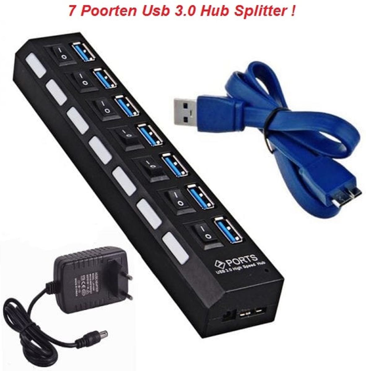 USB Hub 3.0  7 Poorten Verdeler - Windows Mac OS Linux USB 3.0 Hub Splitter met Voeding – Hoge Snelheid 5 Gbps Schakelaar met Power Adapter en aan/uit Switch