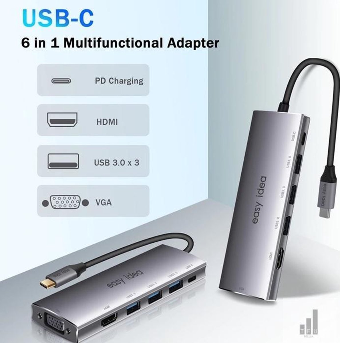 USB Hub 6 in 1- 3 x USB 3.0 – 4K HDMI – USB C- Oplader -VGA – Space Grijs