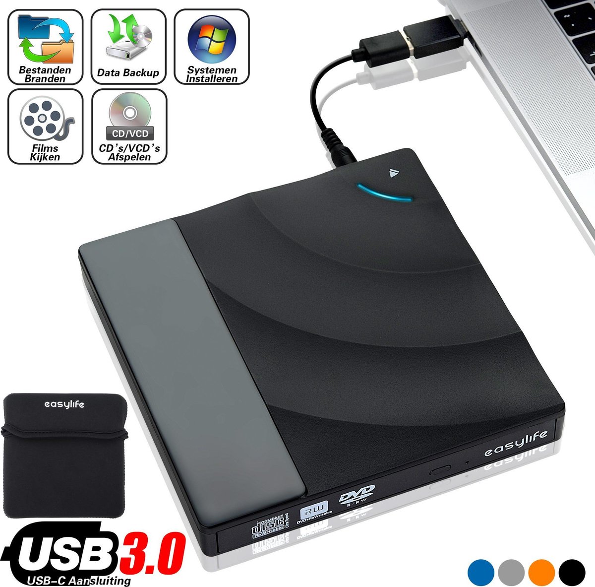 Easylife® Externe CD/DVD Speler en Brander incl. Beschermhoes en USB-C adapter - Nieuwste Generatie - Plug & Play - USB 3.0 - Hoge snelheden tot 5 Gbps - Optische drive DVD en CD - Touch-control - Foutcorrectie - Geluidsreductie