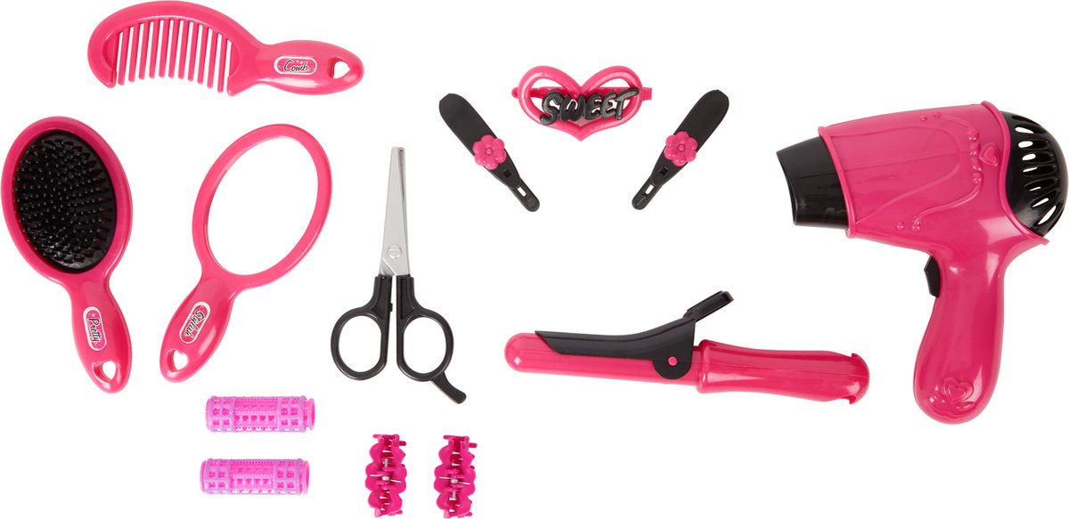 13 delig Kapperset - Kinderspeelgoed - Speelgoed - Kapperset - Roze - Haren knippen -  Fohn maakt echt geluid - Haarbostel - Spiegel - Schaar - Krultang -