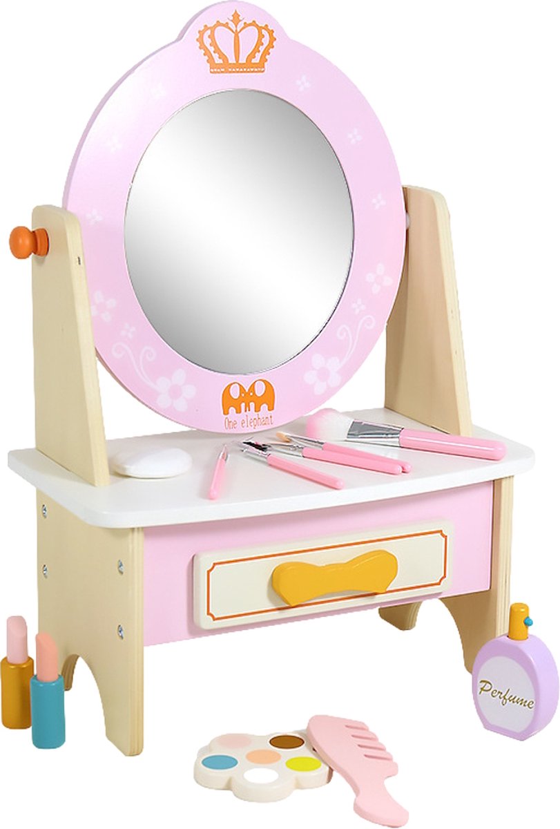   - Houten Kaptafel Inclusief Make-Up Set - Roze/Multicolor - Met Spiegel, Lade & Accessoires - Vanaf 3 Jaar