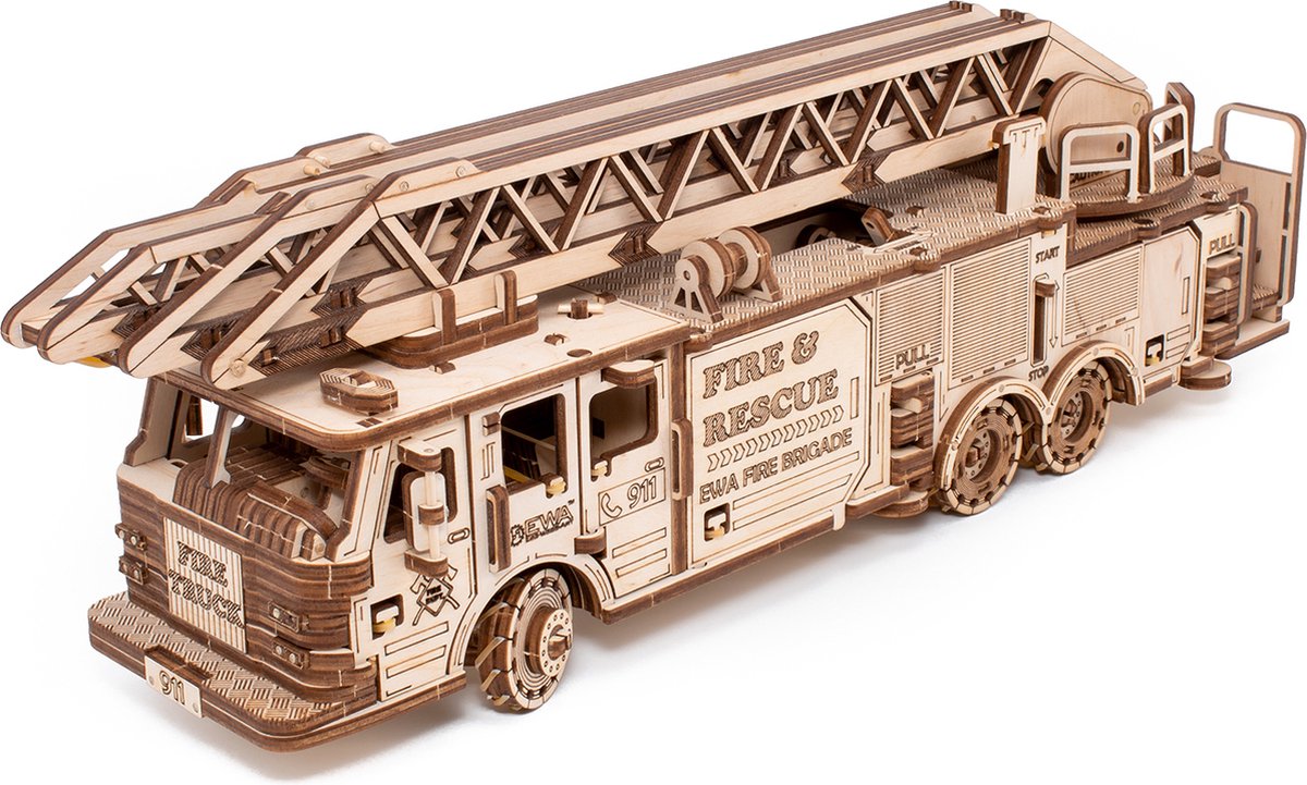 Eco Wood Art - Fire Truck - 3D Houten Puzzel - 37,8x9,8x12,2cm