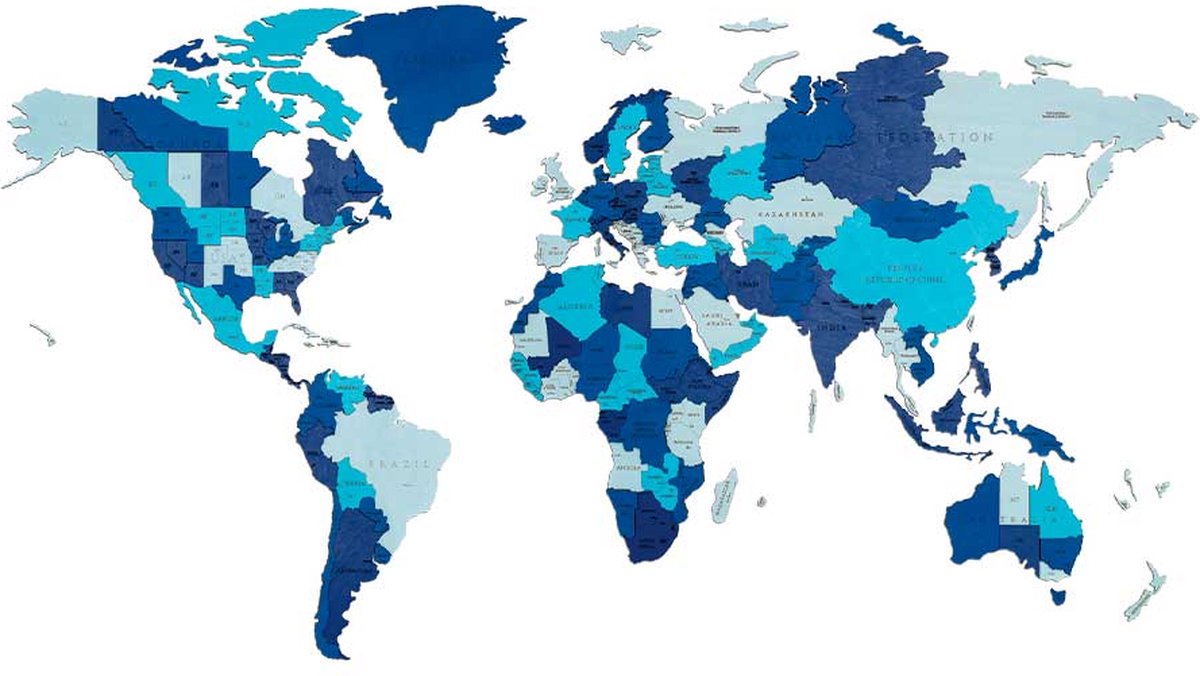 Eco Wood Art 3D Houten Wandpuzzel Wereldkaart Blauw Maat S, 2611,100x55x1,2cm