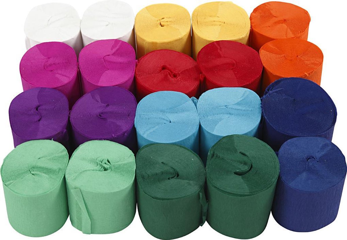 Crepepapier. diverse kleuren. l: 20 m. B: 5 cm - 20 rol