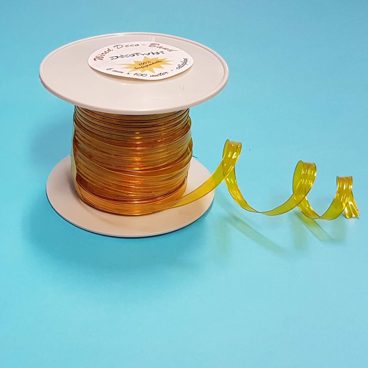 Deco Ribbon 100% Biodegradable Yellow 6mm x 100 meters and enhanced with metal wire (1 roll)