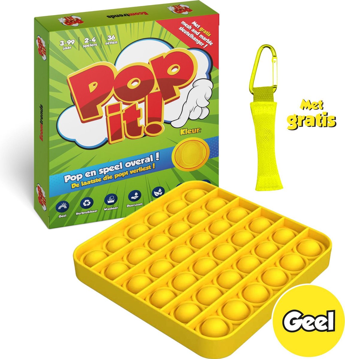 Ecomtrends Pop it Fidget toys - Geel vierkante Fidget toy van TikTok – Mesh and Marble sleutelhanger & handleiding in het pakket