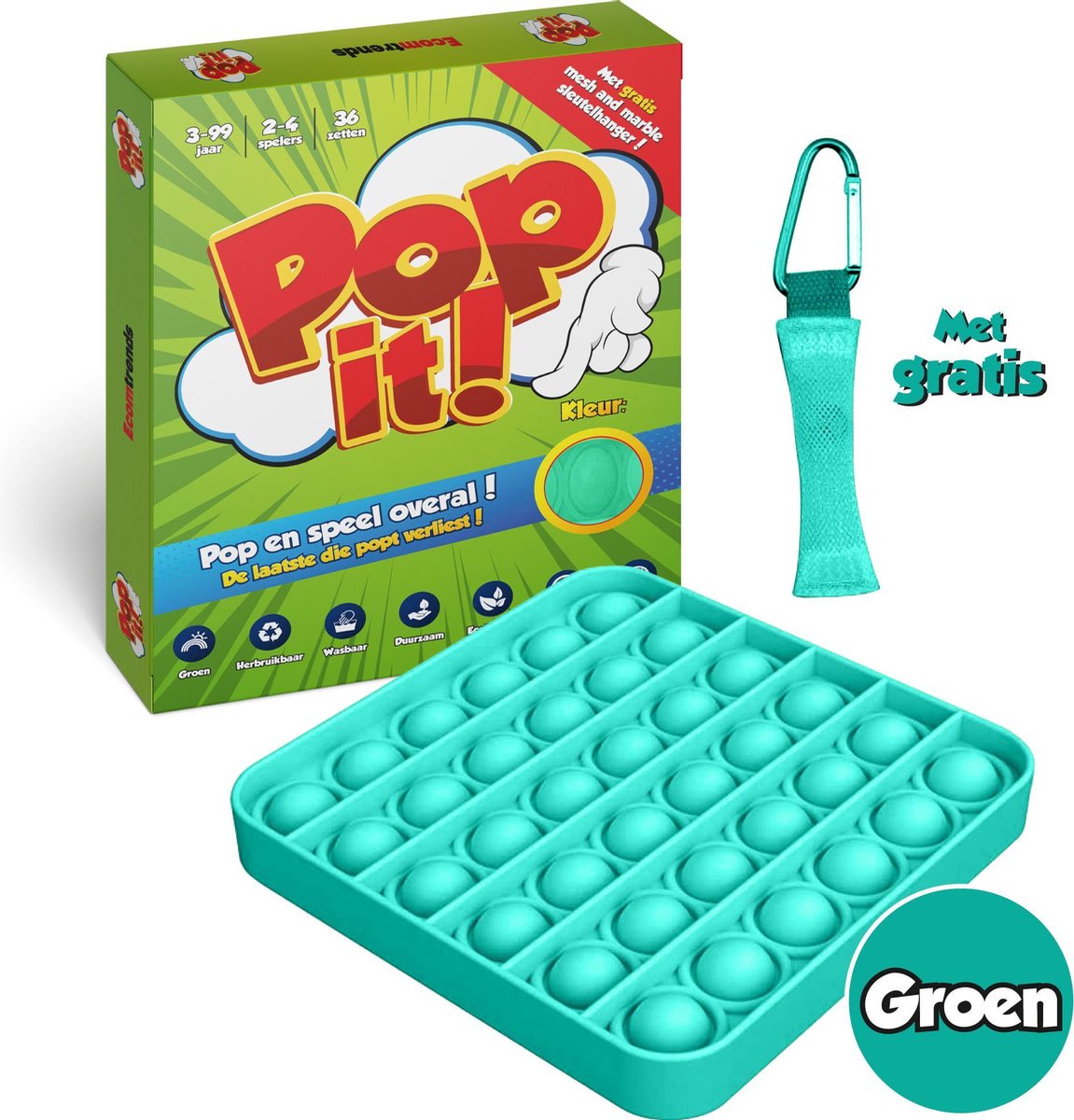 Ecomtrends Pop it Fidget toys - Groen vierkante Fidget toy van TikTok – Mesh and Marble sleutelhanger & handleiding in het pakket