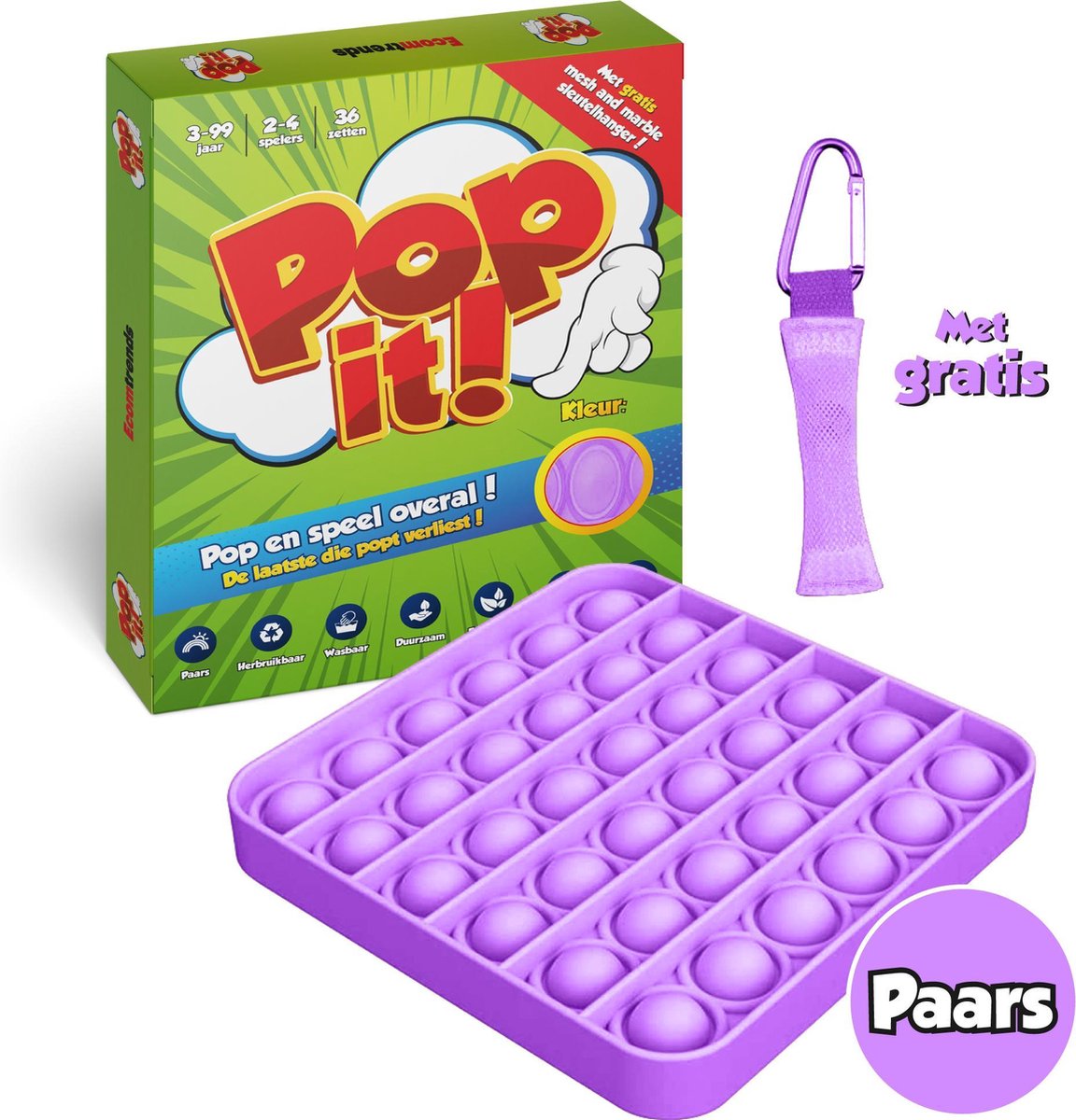 Ecomtrends Pop it Fidget toys - Paars vierkante Fidget toy van TikTok – Mesh and Marble sleutelhanger & handleiding in het pakket