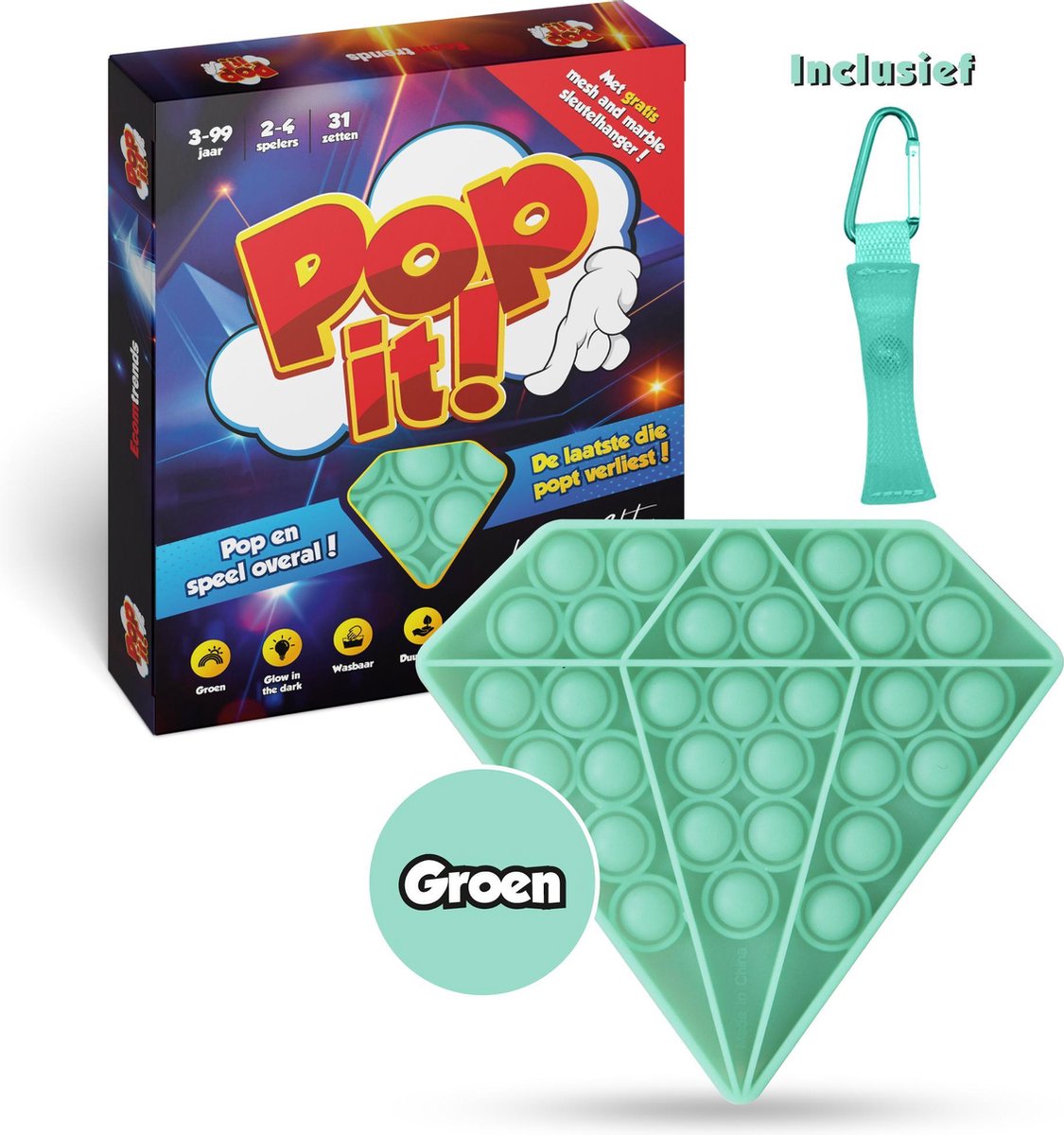 Pop It Fidget Toys Pakket Glow In The Dark Groen PopIt en Mesh and Marble - Diamant - TikTok Speelgoed voor Kinderen - Ecomtrends®