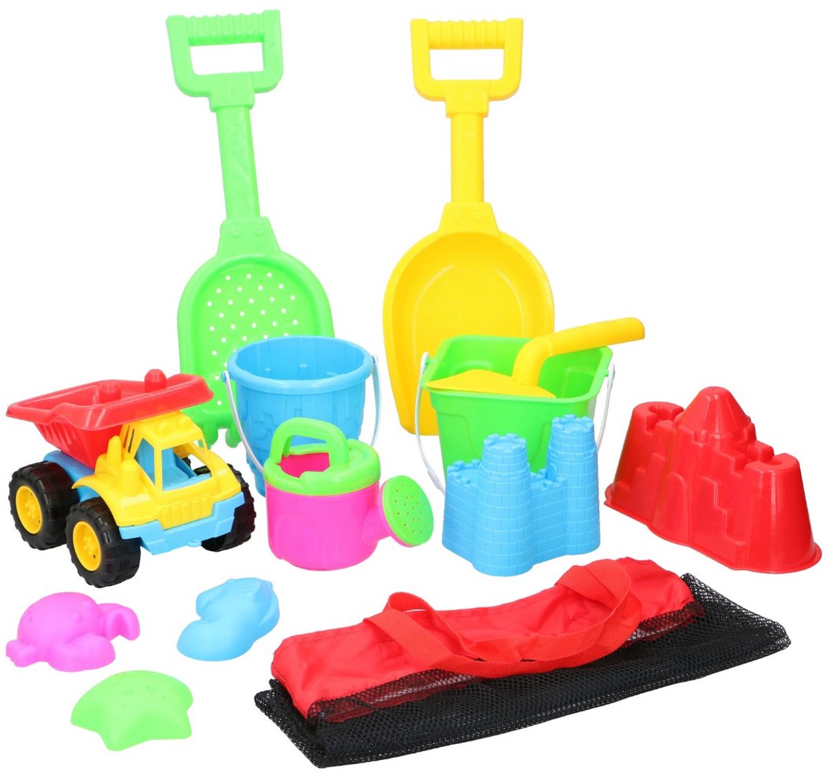 Eddy Toys Strandset Kind 13-delig met Tas - Strand Speelgoed Kinderen - Emmer Schepje Vrachtwagen - Zandvormpjes Strand - Waterspeelgoed Zomer - Speelset Strand