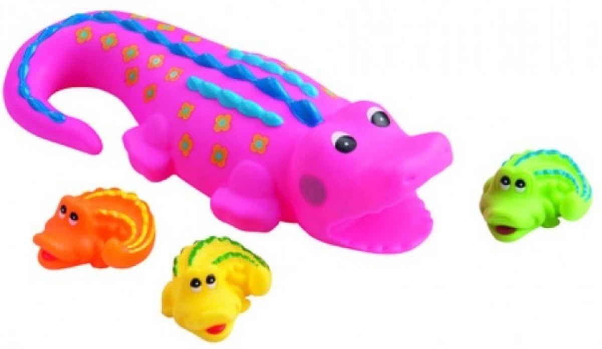 Eddy Toys bad krokodillen met 3 babys 28 cm roze