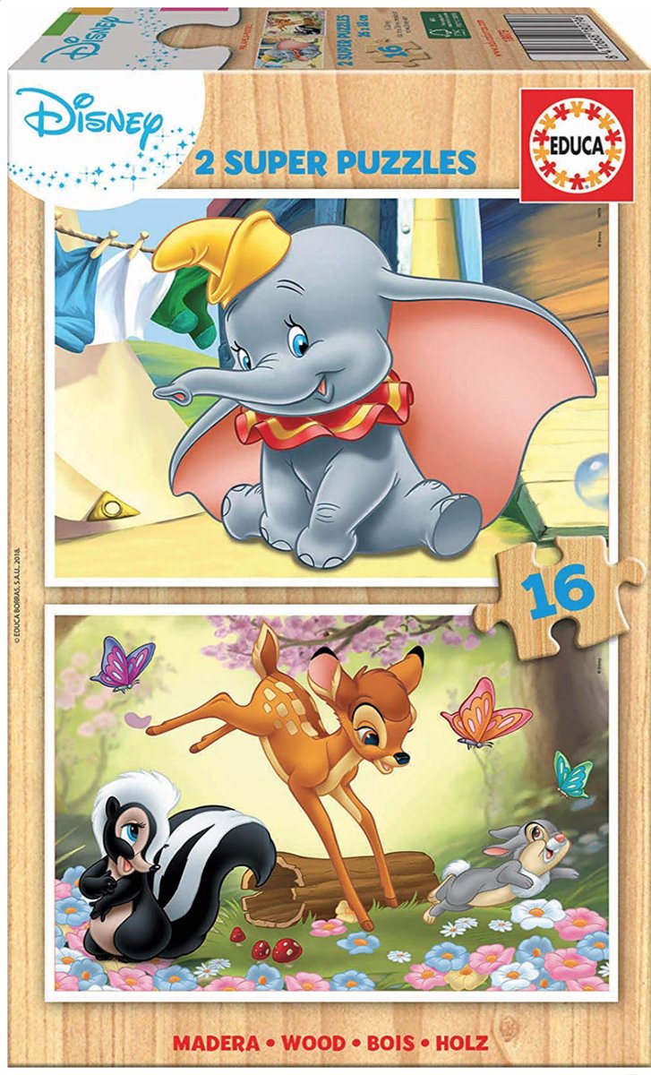 Educa HOUT: Dumbo en Bambi - 2 x 16 stukjes