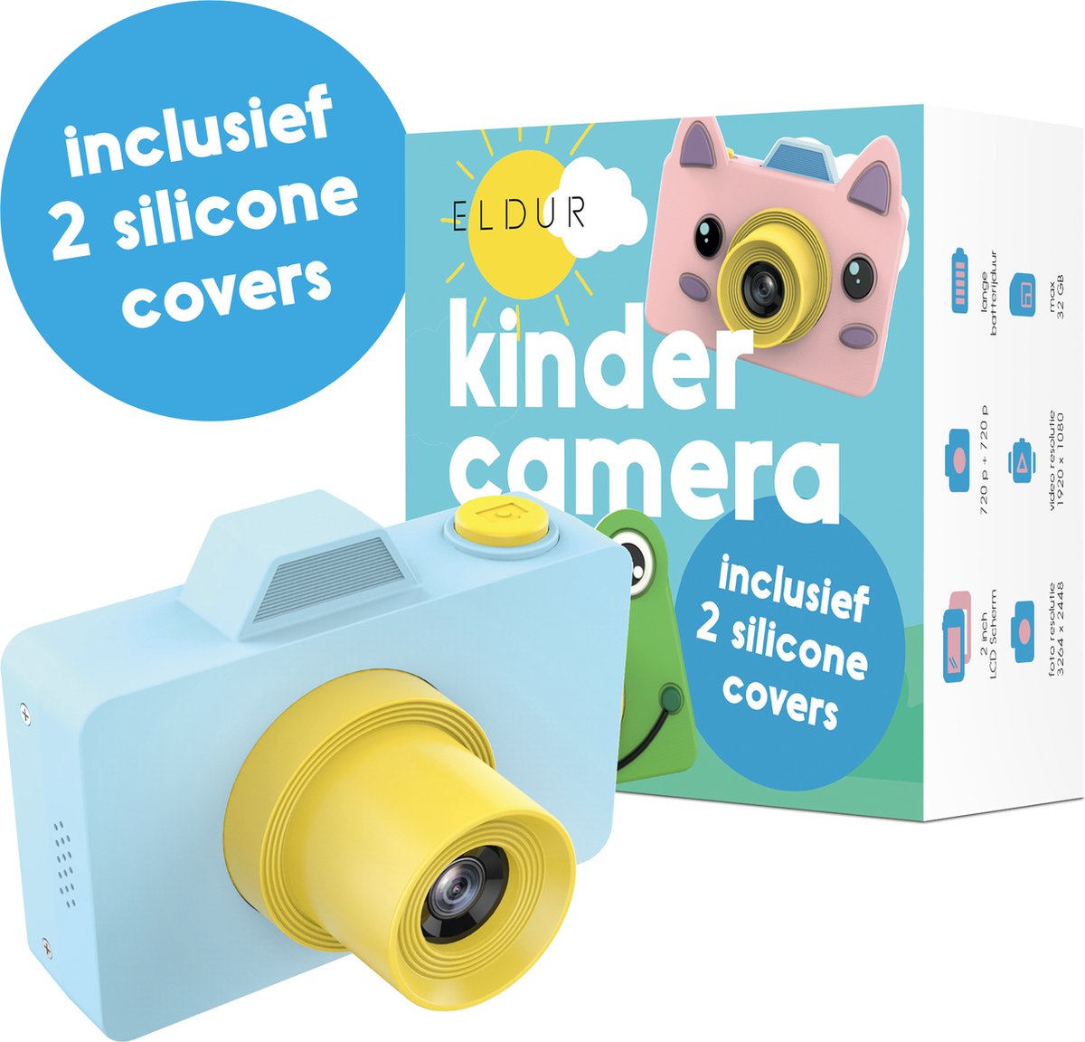 Eldur® Kindercamera - Blauw - Incl. 2 covers + 32gb SD kaart