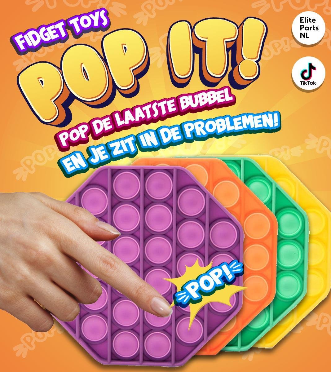 Pop it Bubble®️ Fidget Toys 4 Pack Achthoek - Oranje - Geel - Groen - Paars - Elite Parts NL - C E