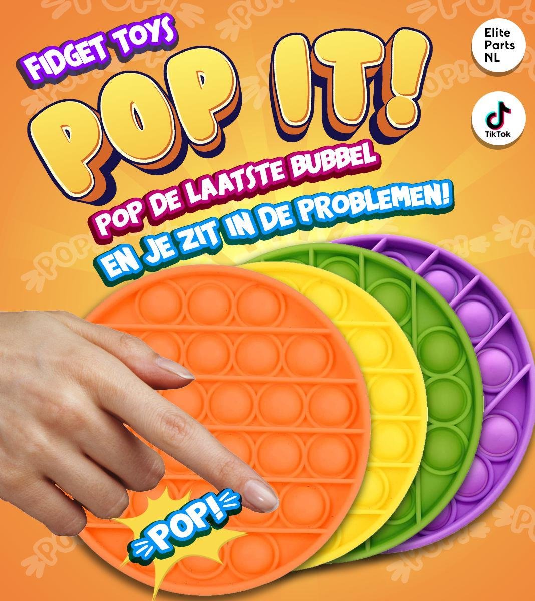 Pop it Bubble®️ Fidget Toys 4 Pack Cirkel - Oranje -  Geel - Groen - Paars - Elite Parts NL - C E