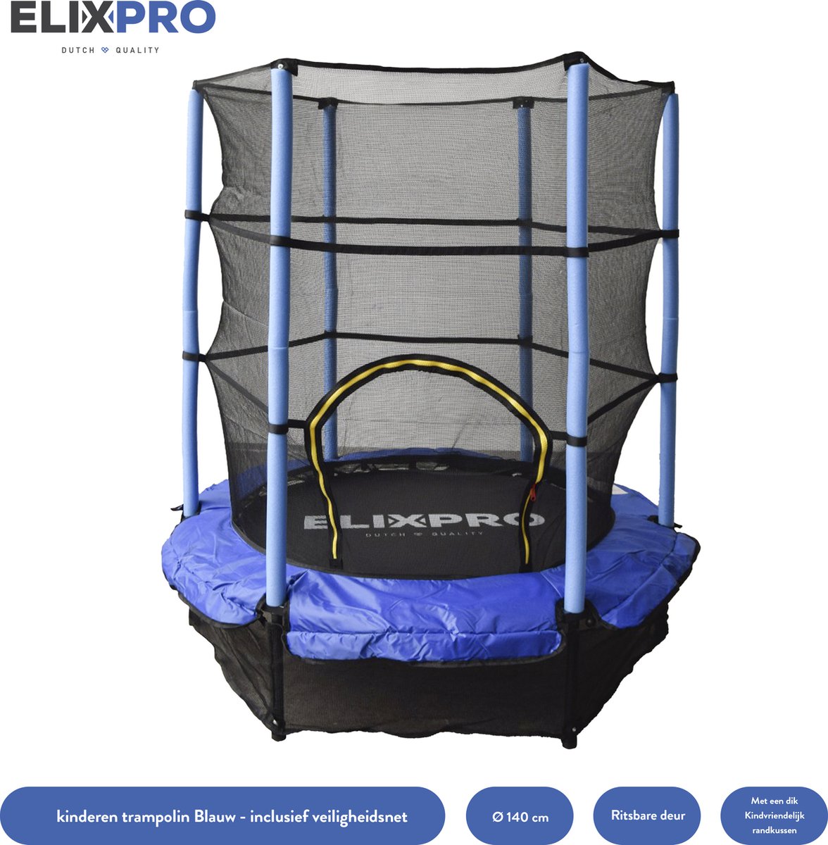 ElixPro Kinder Trampoline - Met veiligheidsnet - 50KG Draagvermogen - Trampoline 140cm - Blauw