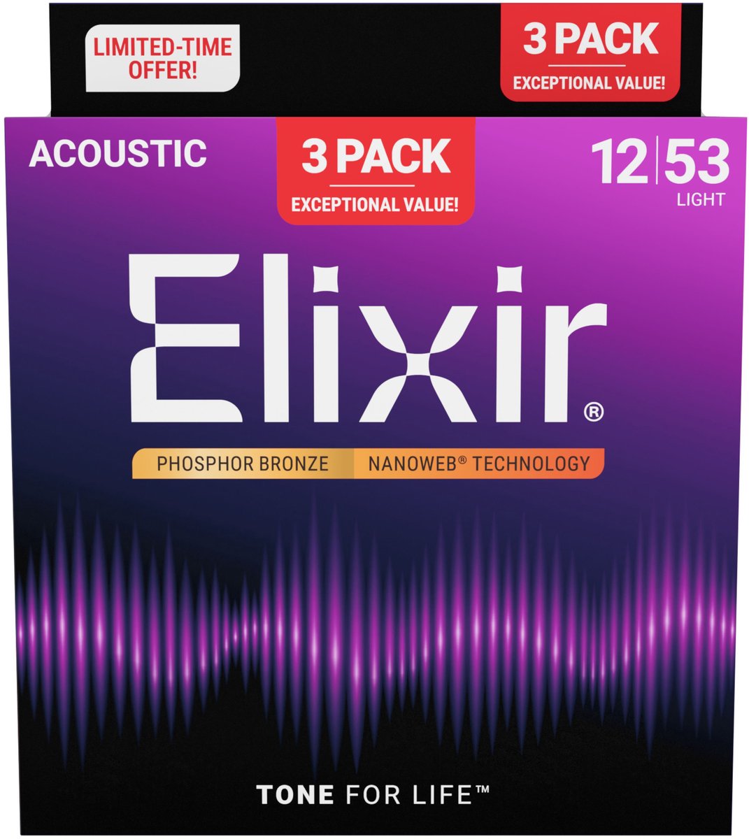 Elixir 16569 Nanoweb Acoustic Ph Bronze 12-53 - 3 Pack - Akoestische gitaarsnaren