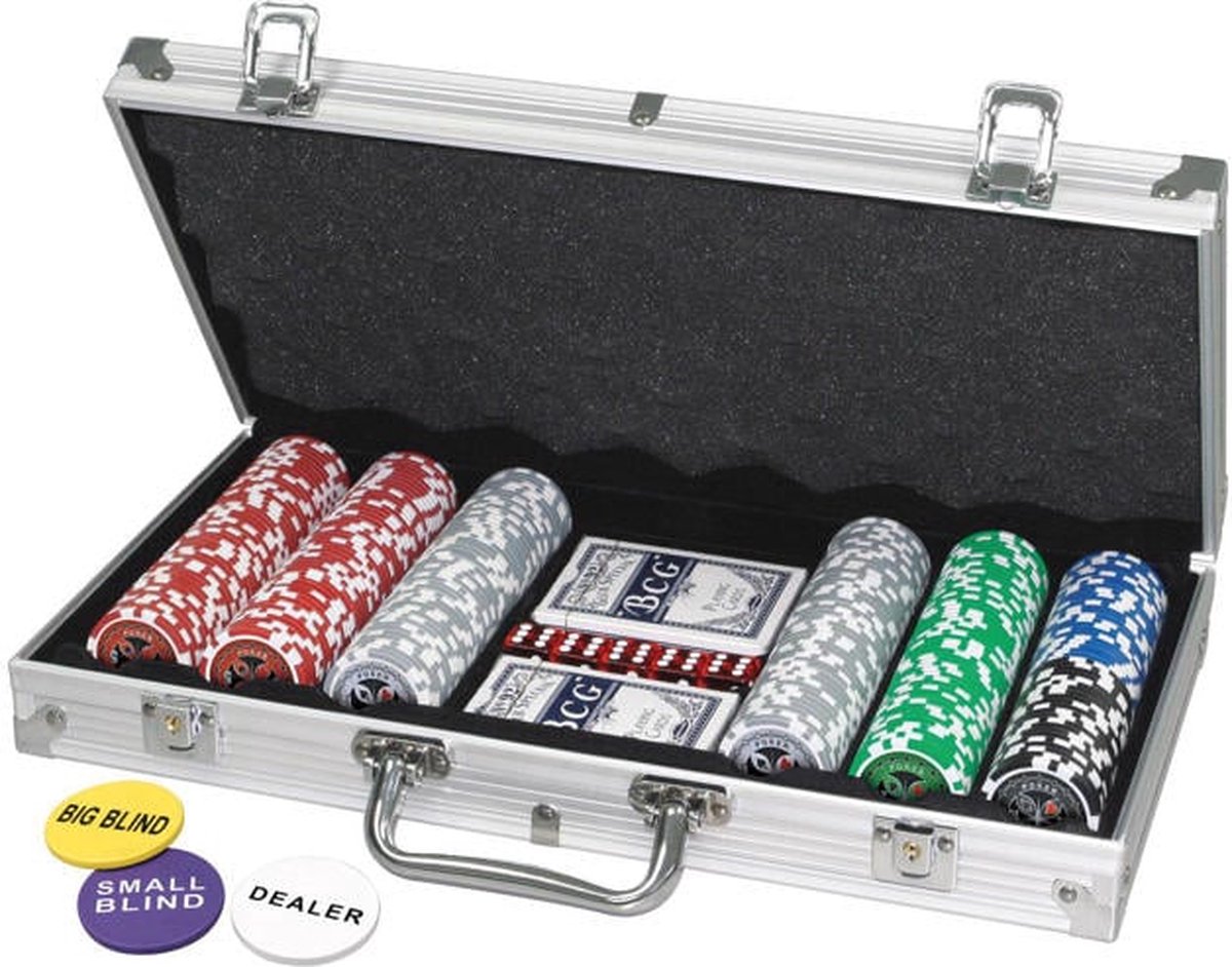 Elpatron.nlLuxe Pokerset - 300 - Koffer - Zilver - Pokeren tot 5 Personen - Speelkaarten - Dealer Fiche - Dobbelstenen