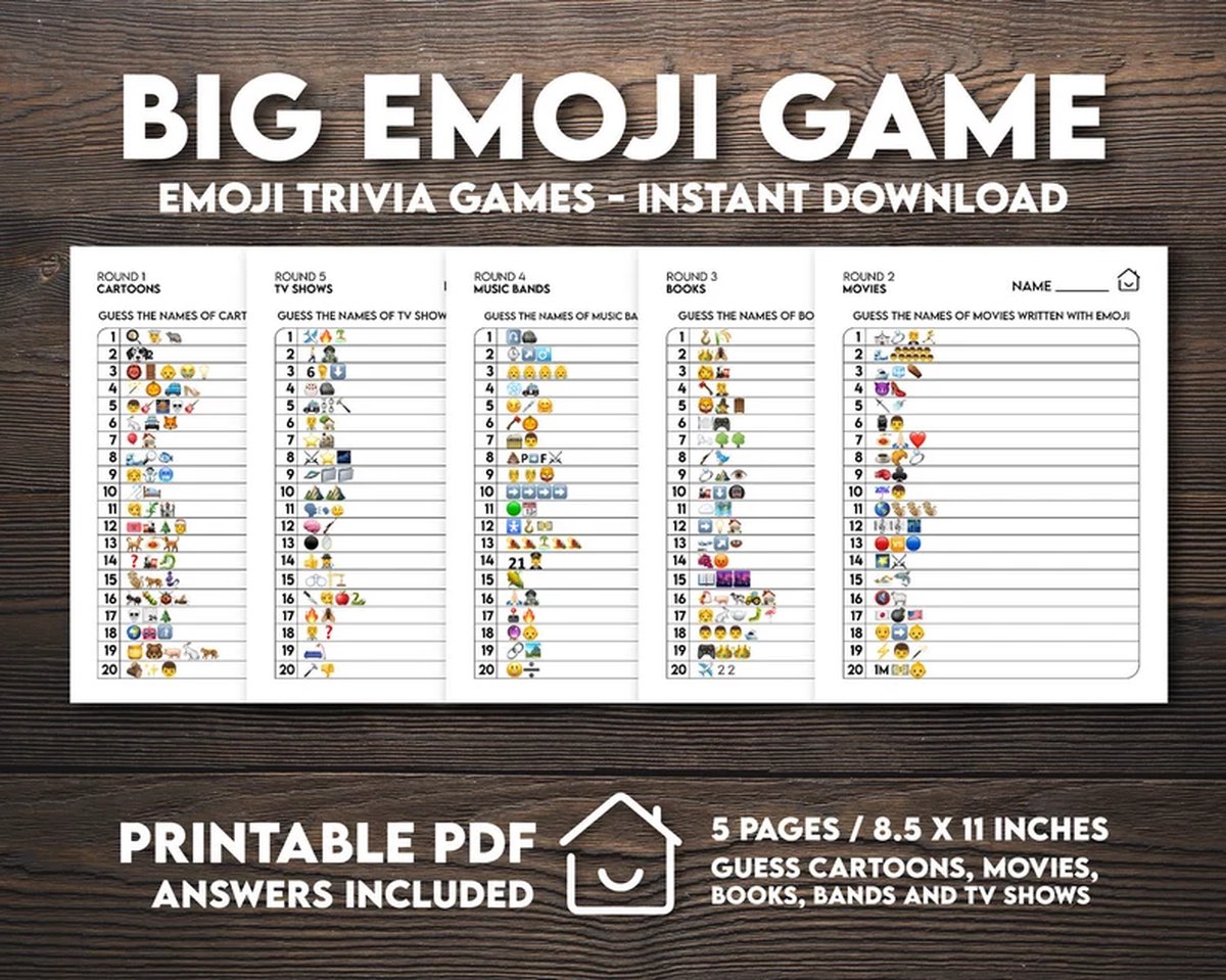 Virtual Emoji Quiz Game, Printable Emoji Pictionary Games, Instant Download, Boeken, TV Shows, Movie Quiz, Music Emoji, Family Party Games