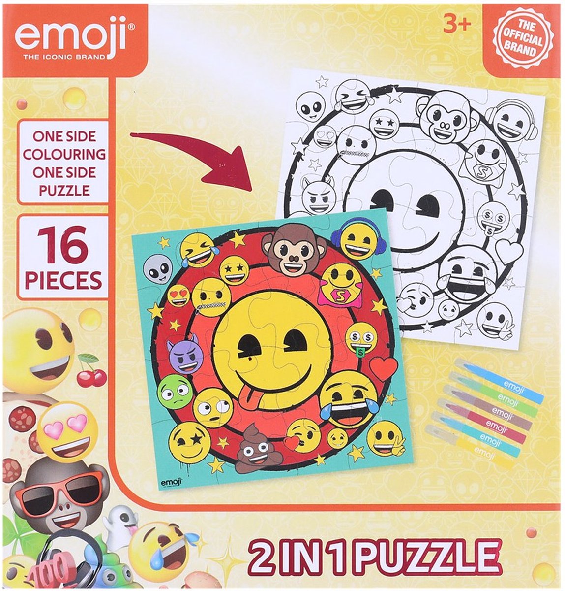 puzzel emoij  2 in 1 puzzel plus 6 stiften  25 cm x 25 cm 16 stukjes