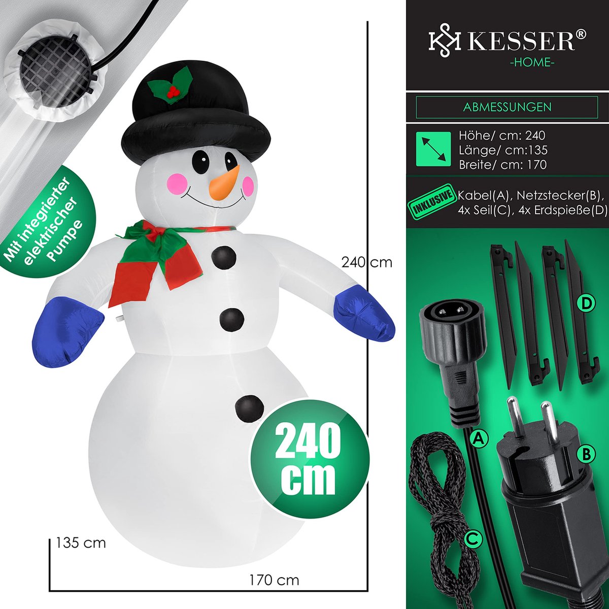 KESSER® Opblaasbare sneeuwpop XXL 240 cm LED-verlichting bevestigingsmateriaal decoratie sneeuwpop Kerstmis, kerstdecoratie, figuur, geluidsarme blazer, weerbestendig IP44