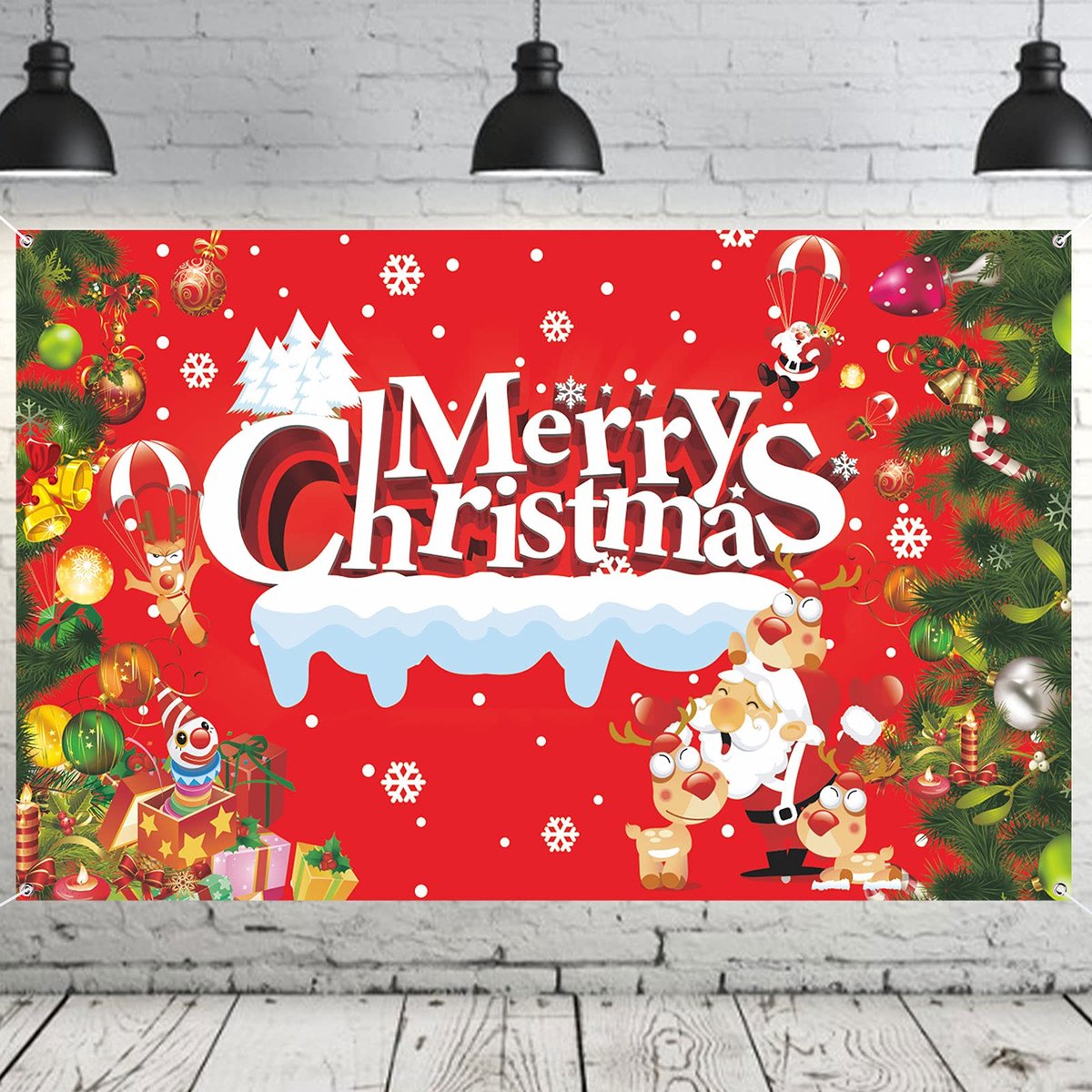 Kerstmis Merry Christmas Banner - Rood Kerst Fotografie Achtergrond Banner Poster Kerstboom Winter Sneeuwman Xmas Kerstdecoratie binnen en buiten, 180 x 110 cm