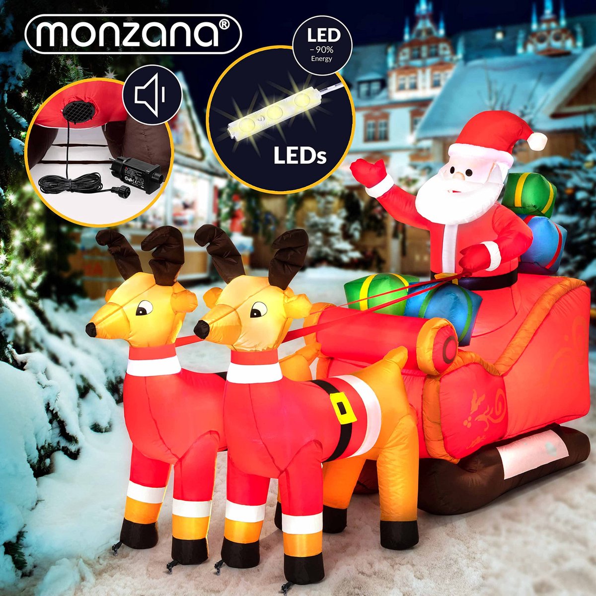 Monzana Opblaasbare Kerstman met Slee LED Verlichting Rendier Kerstman Decoratie Figuur