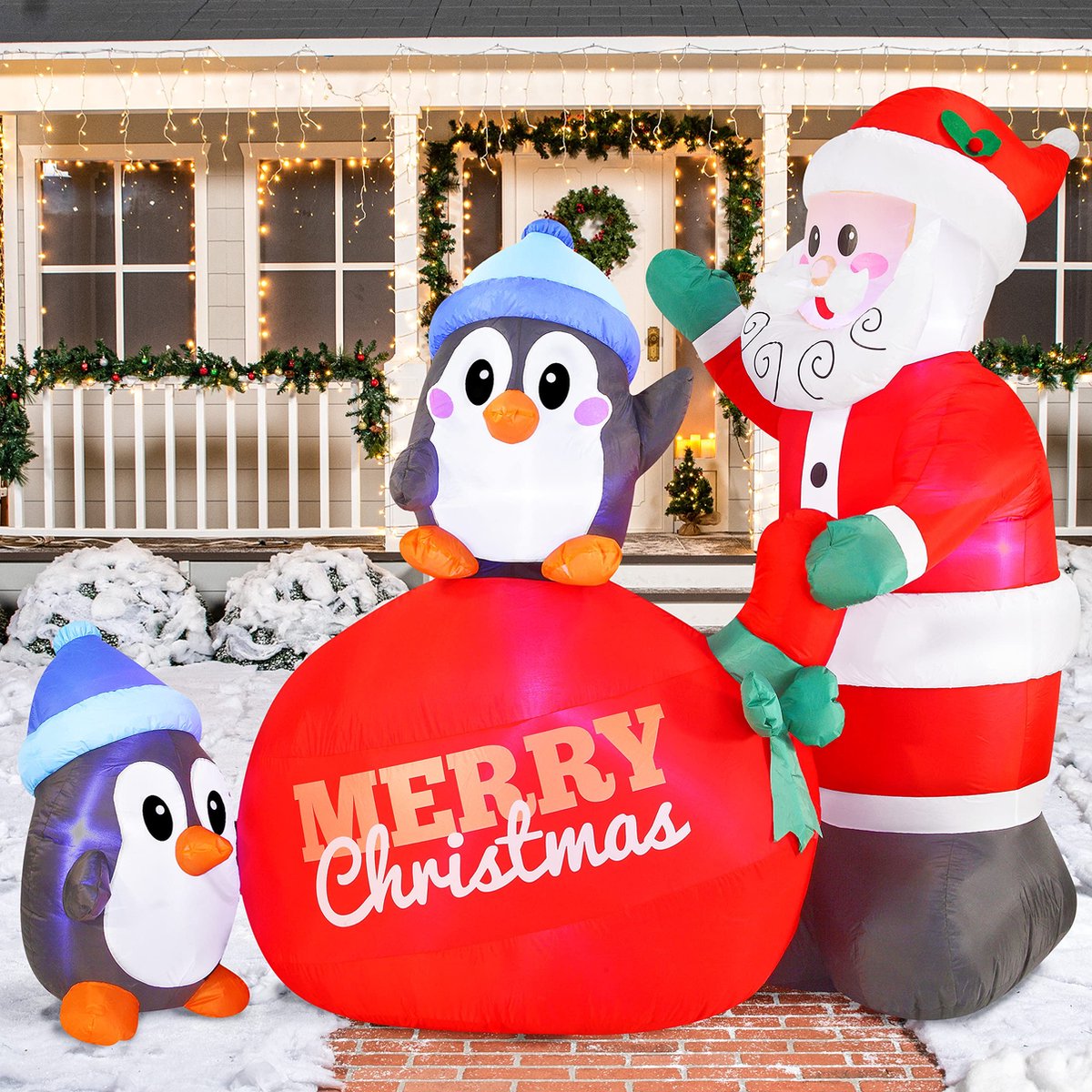 Opblaasbare Kerstman met pinguïns 2,15m - Opblaasbaar met ingebouwde LEDs Opblazen Kerstfeest Indoor, Outdoor, Tuin, Gazon Winter Decor. - Kerst decoratie buiten binnen