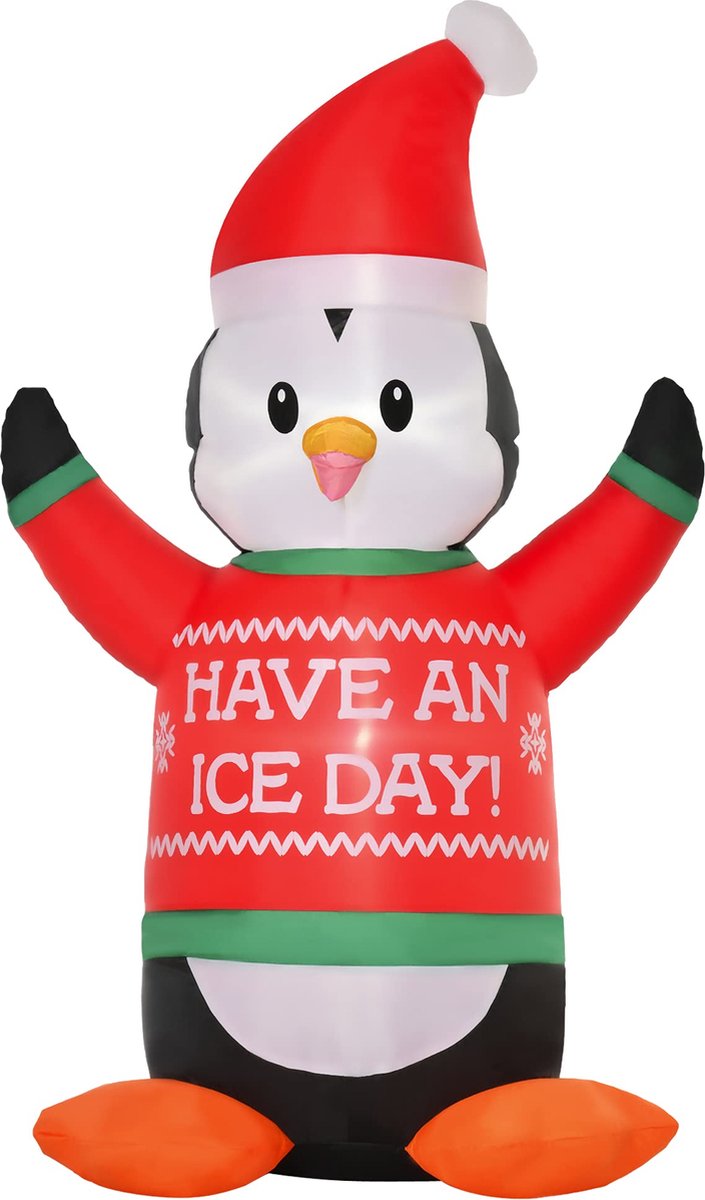 Opblaasbare pinguïn met LED verlichting 190cm - Opblaasbare figuren voor binnen of buiten- Kerst decoratie met lichtjes kerstdecoratie automatisch opblaasbaar - Weerbestendig polyester wit + zwart + rood + groen 112 x 93 x 190 cm