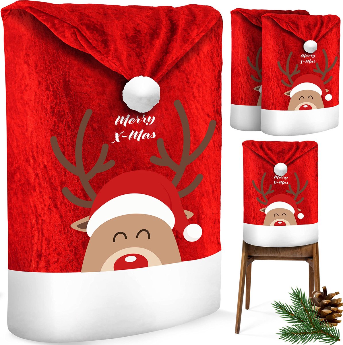 Premium kerst stoelhoes, set van 4 stoelhoezen voor Kerstmis, kerstmuts, stoelbekleding, kerstdecoratie voor stoelbekleding, stoelbekleding in kerstdesign Kerstmuts stoel kerst decoratie nieuwjaar