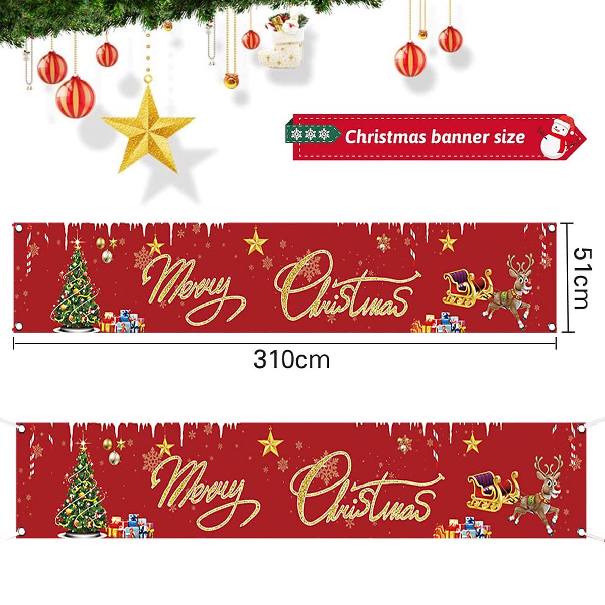 XXL Kerstbanner decoratie 310x51cm , Merry Christmas banner, kerst decoratie banner voor buiten of binnen, kerstbanner vrolijk kerstfeest, kerstdecoratie tuin spandoek vlag Nieuwjaar