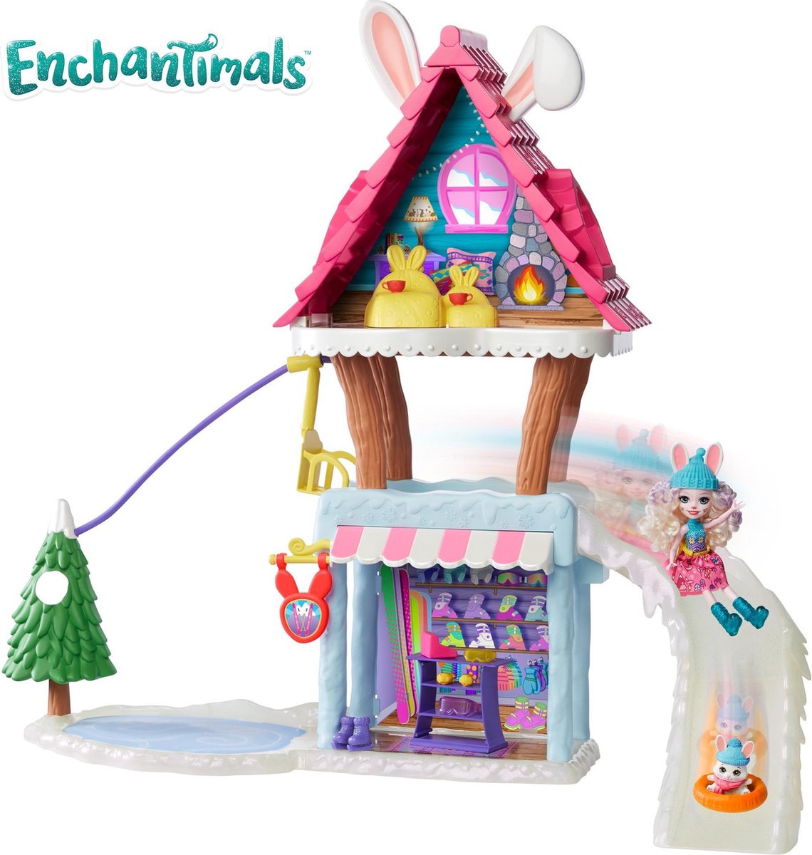 Enchantimals Knuffelige Ski Chalet (63,5 cm) met Bevy Konijn pop (15 cm) en Jump Dierenfiguur