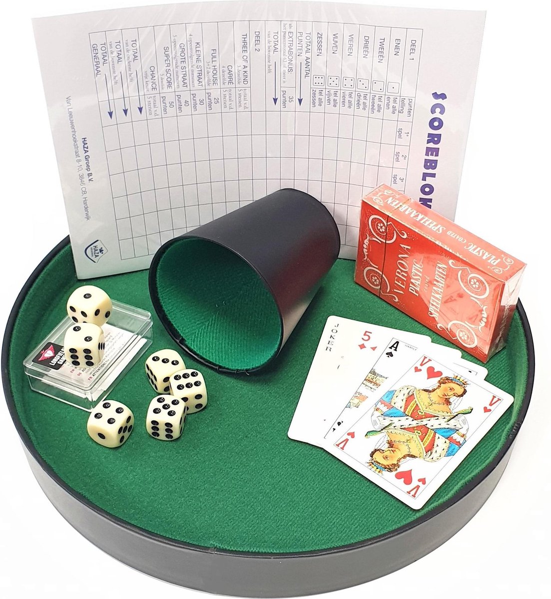 Compleet Dobbelset/Yahtzee Deluxe. Pokerpiste 26cm, beker, dobbelstenen en groot scoreblok + gratis speelkaarten