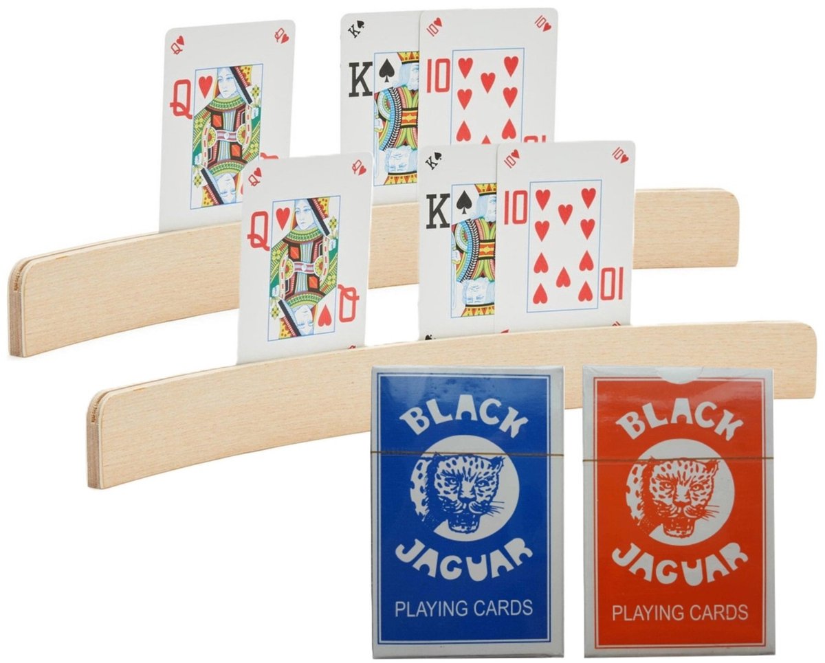   Speelkaarten houders - 2x stuks - van hout - 35 cm - met een setje speelkaarten - kaartspellen