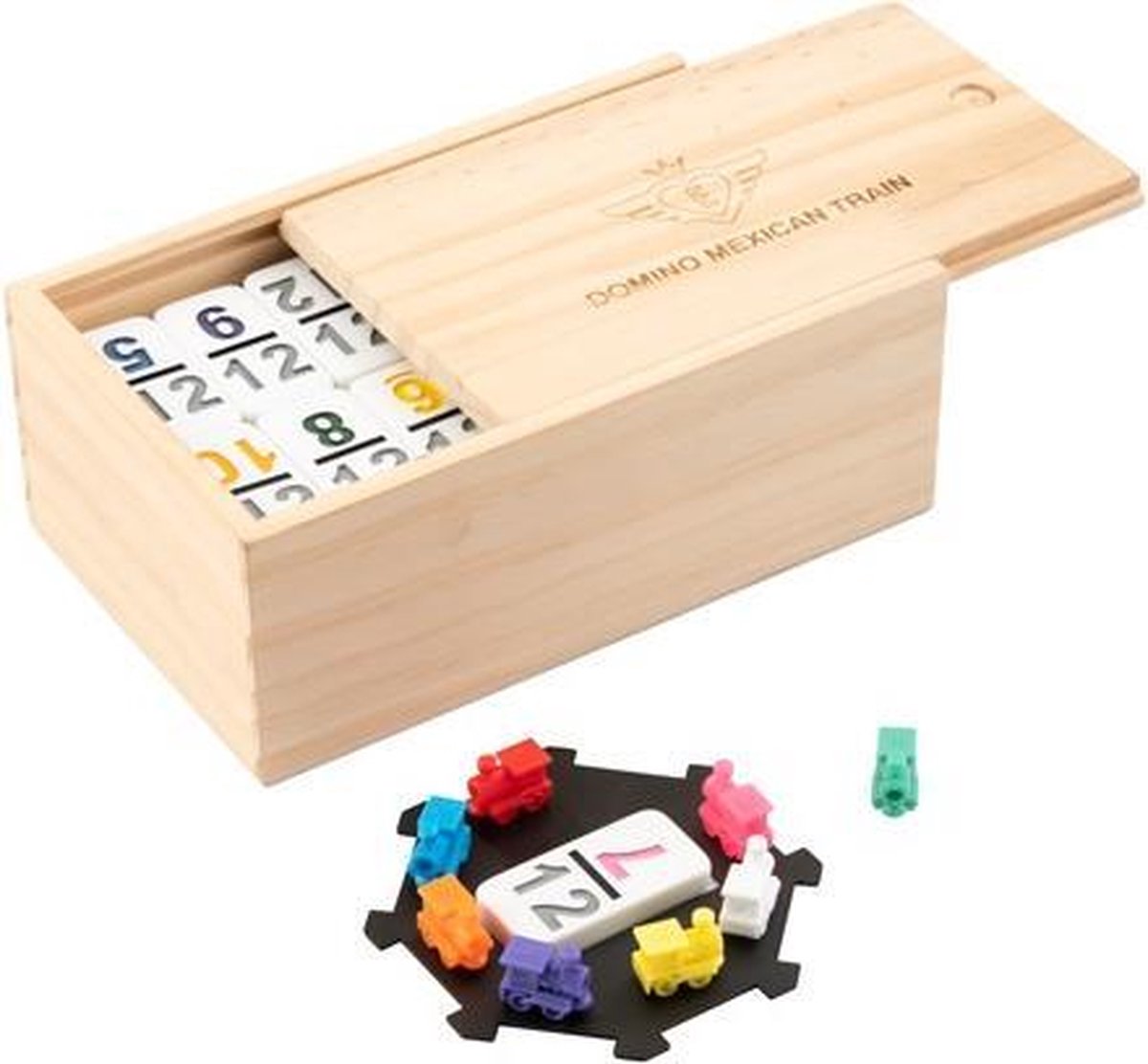 dominospel Mexican train hout naturel/wit 101-delig