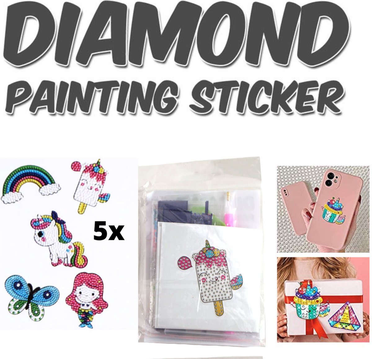 Daimond Painting - Stickers Meisje - 5x - Daimond Painting Kinderen - Daimond Painting Pakket Volledig - Schoencadeautjes Sinterklaas - Schoenkadootjes Sinterklaas