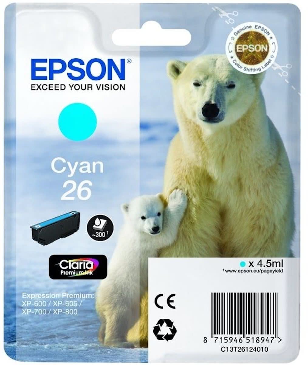 EPSON 26 inktcartridge cyaan standard capacity 4.5ml 300 paginas 1-pack RF-AM blister