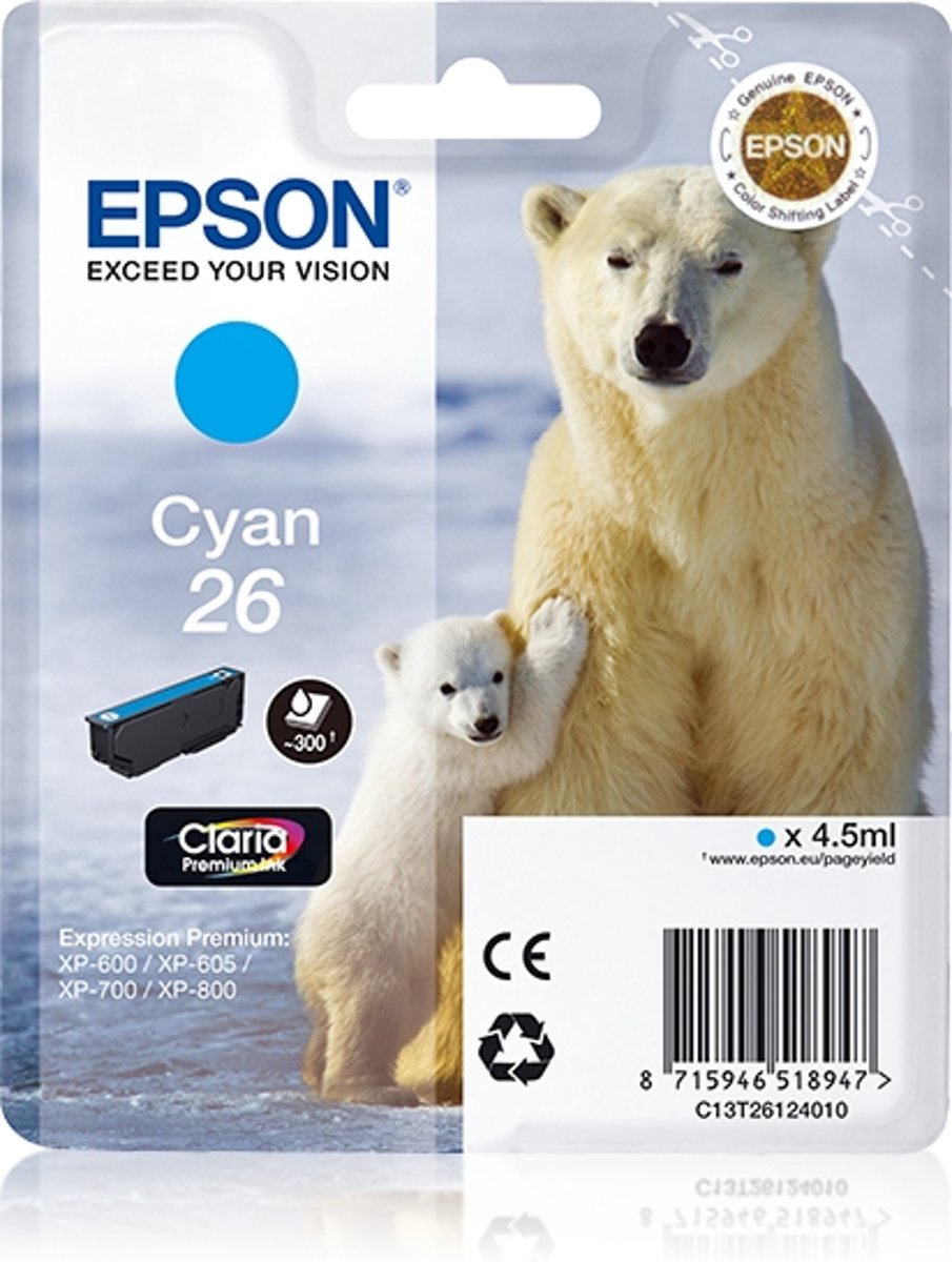 Epson Polar bear Singlepack Cyan 26 Claria Premium Ink