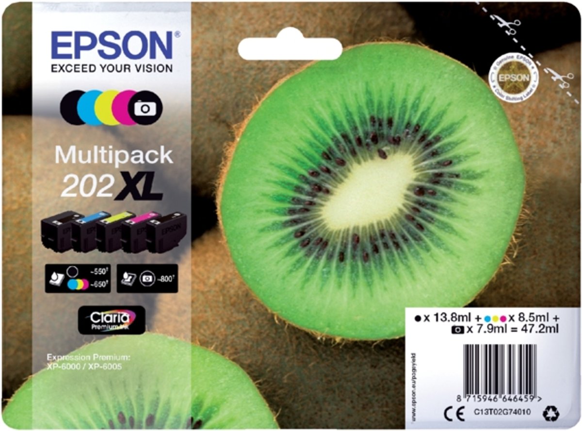 Inkcartridge epson 202xl t02g74 zwart + 3 kl + fzw