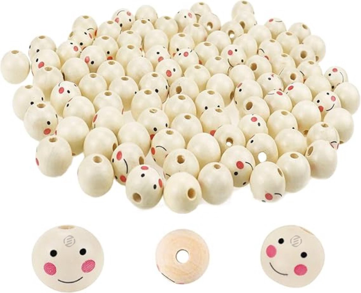   houten kralen met gezichtje - 100 stuks Houten Kralen 20mm Smiley Gezicht - Natuurlijke Houten Kralen met 5mm Gat - Kralen voor Sleutelhangers, Engel Armbanden, Macramé en DIY Sieraden Maken