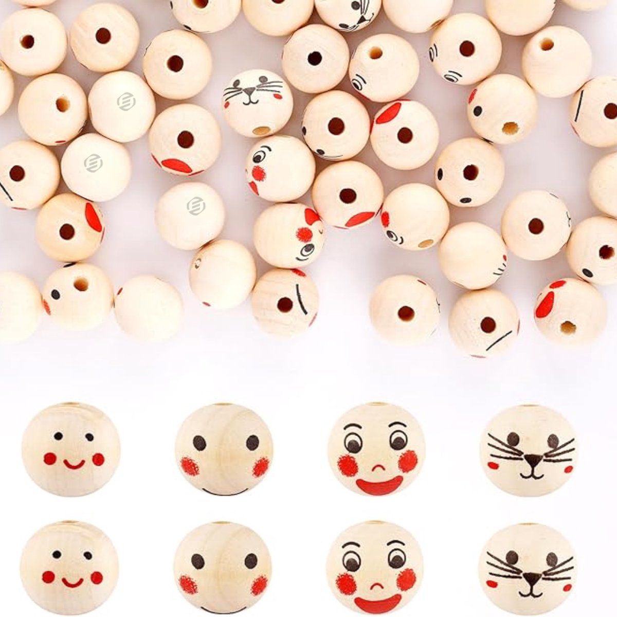   houten kralen met gezichtje - 100 stuks houten kralen met gezicht - 20mm creatieve natuurlijke ronde kralen met gat voor het maken van DIY armbanden, kettingen en knutselprojecten