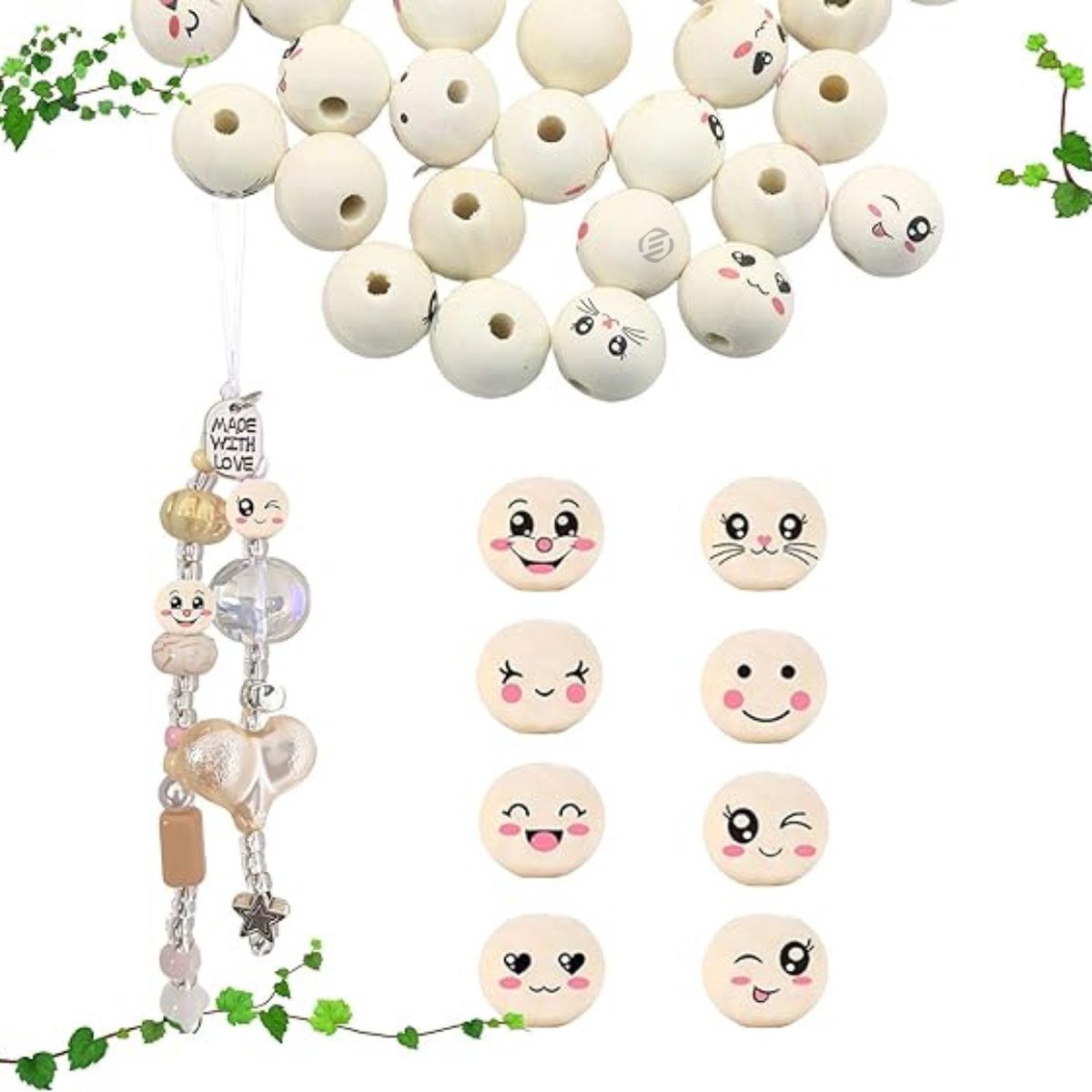  houten kralen met gezichtje - 40 stuks Houten Kralen met Gezicht - Ronde Houten Kralen 20mm - Houten Kralen voor Rijgen met Schattig Lachend Gezicht voor Zorg Wormen - Houten Kralen voor DIY Handgemaakte Knutselwerk