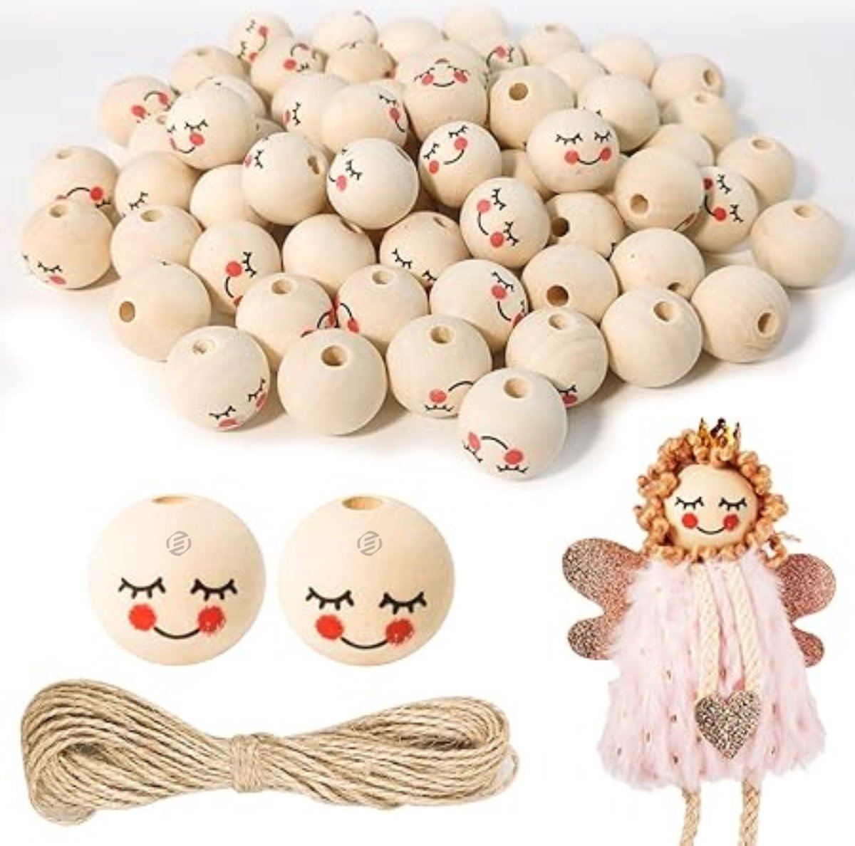 Equivera houten kralen met gezichtje - 80 stuks 20mm Houten Kralen met Lachend Gezicht - Ronde Houten Kralen met Gat voor Rijgen - 10m Jute Touw voor Kerstknutselwerk, Armbanden en Kettingen (Mooie Ogen)