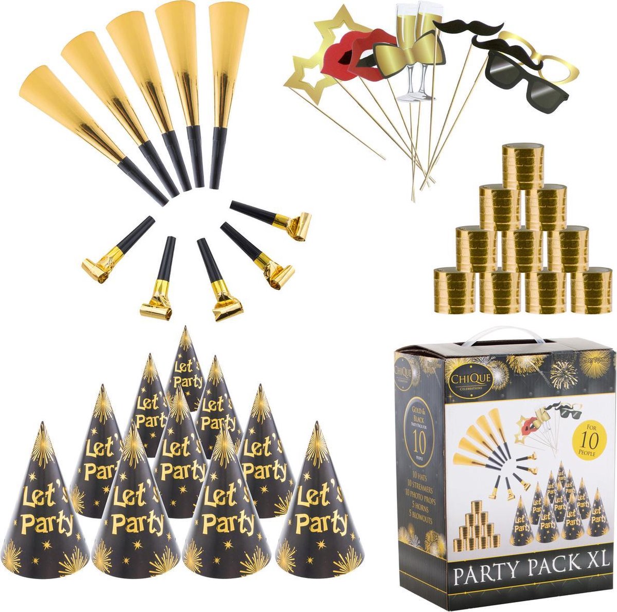 Party box 10 personen goud-zwart