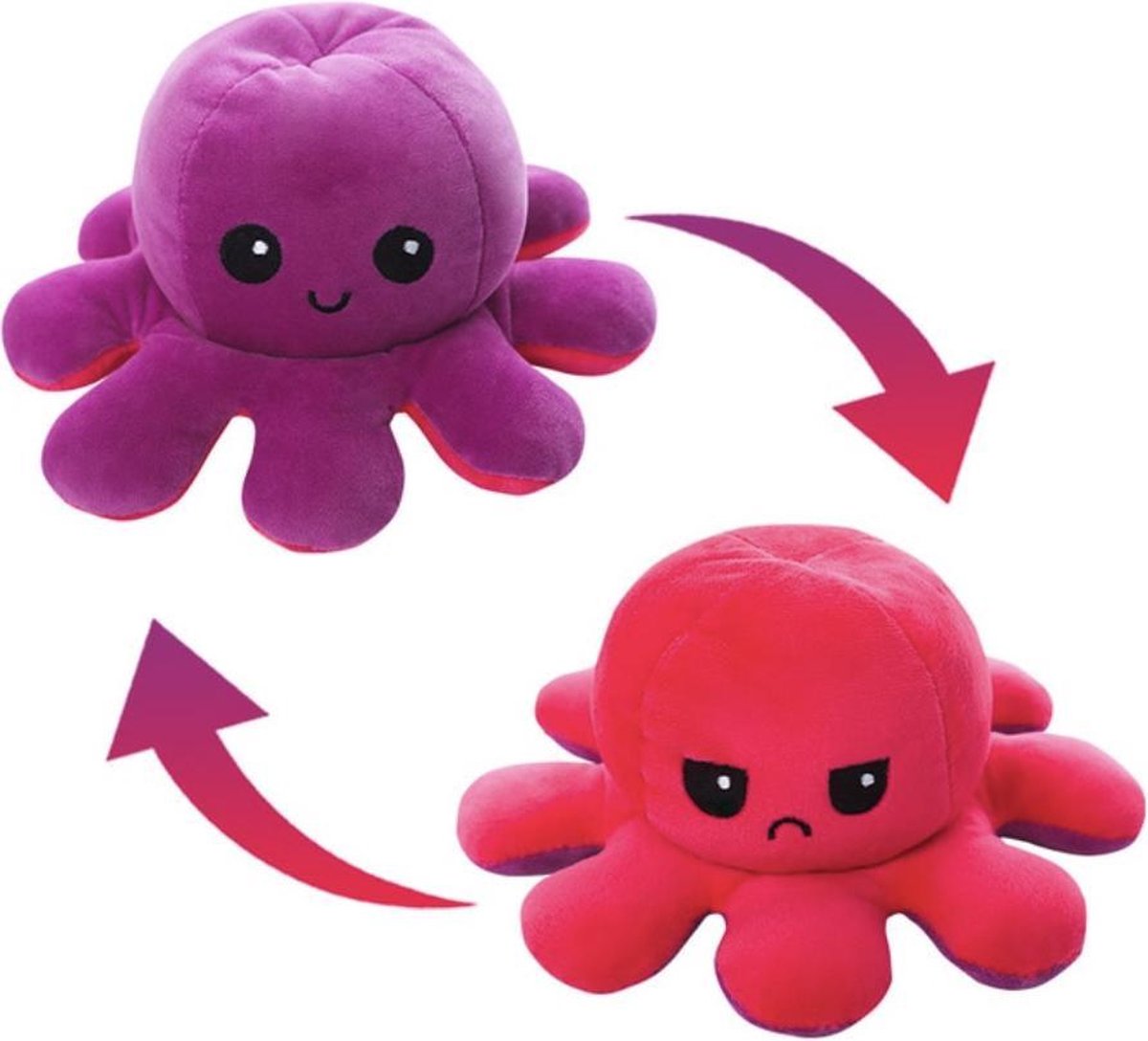 Rode/Paarse Octopus knuffel - Octopus knuffel mood - octopus knuffel omkeerbaar - emotieknuffel - mood knuffel