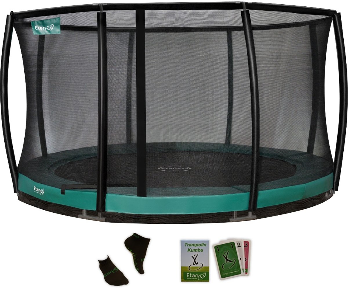 Etan Premium Gold Combi Deluxe Inground Trampoline - Ø 366 cm - inc. sterke Deluxe Veiligheidsnet - UV-bestendige Randkussen - sterke Duitse PVC - Extreem veilig - Hoogste springcomfort - Made in Europe - Nieuwste model - Groen - Rond