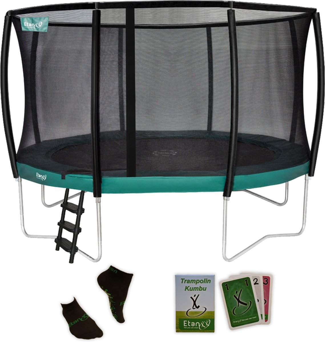 Etan Premium Gold Combi Deluxe Trampoline set - Ø335 cm - inc. Sterke Deluxe Veiligheidsnet - UV-bestendige Randkussen - sterke Duitse PVC - Extreem veilig - Hoogste springcomfort -Made in Europe - Nieuwste model - Groen - Rond