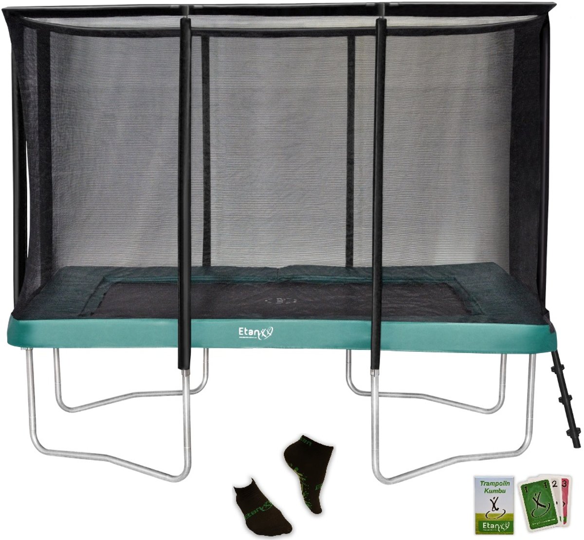 Etan Premium Gold Combi Trampoline set - 310 x 232 cm - inc. extra sterke Veiligheidsnet - UV-bestendige Randkussen - extra sterke Duitse PVC - Extreem veilig - Hoogste springcomfort - Made in Europe - Nieuwste model - Groen - Rechthoekig