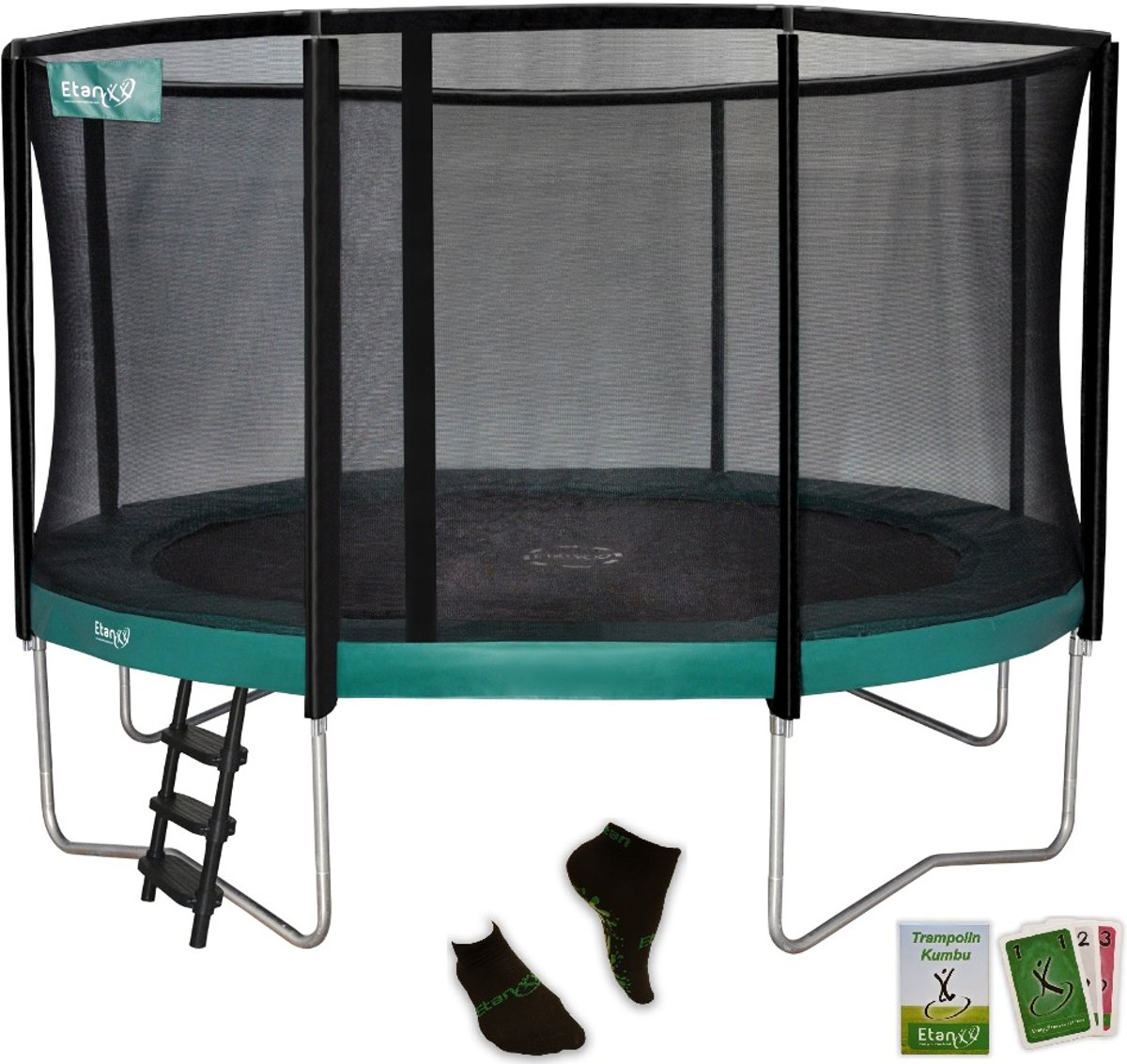 Etan Premium Gold Combi Trampoline set - Ø427 cm - inc. extra sterke Veiligheidsnet - UV-bestendige Randkussen - extra sterke Duitse PVC - Extreem veilig - Hoogste springcomfort - Made in Europe - Nieuwste model - Groen - Rond